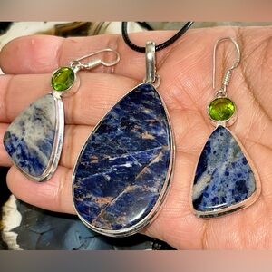 Large Navy Sodalite Pendant & Earrings Set